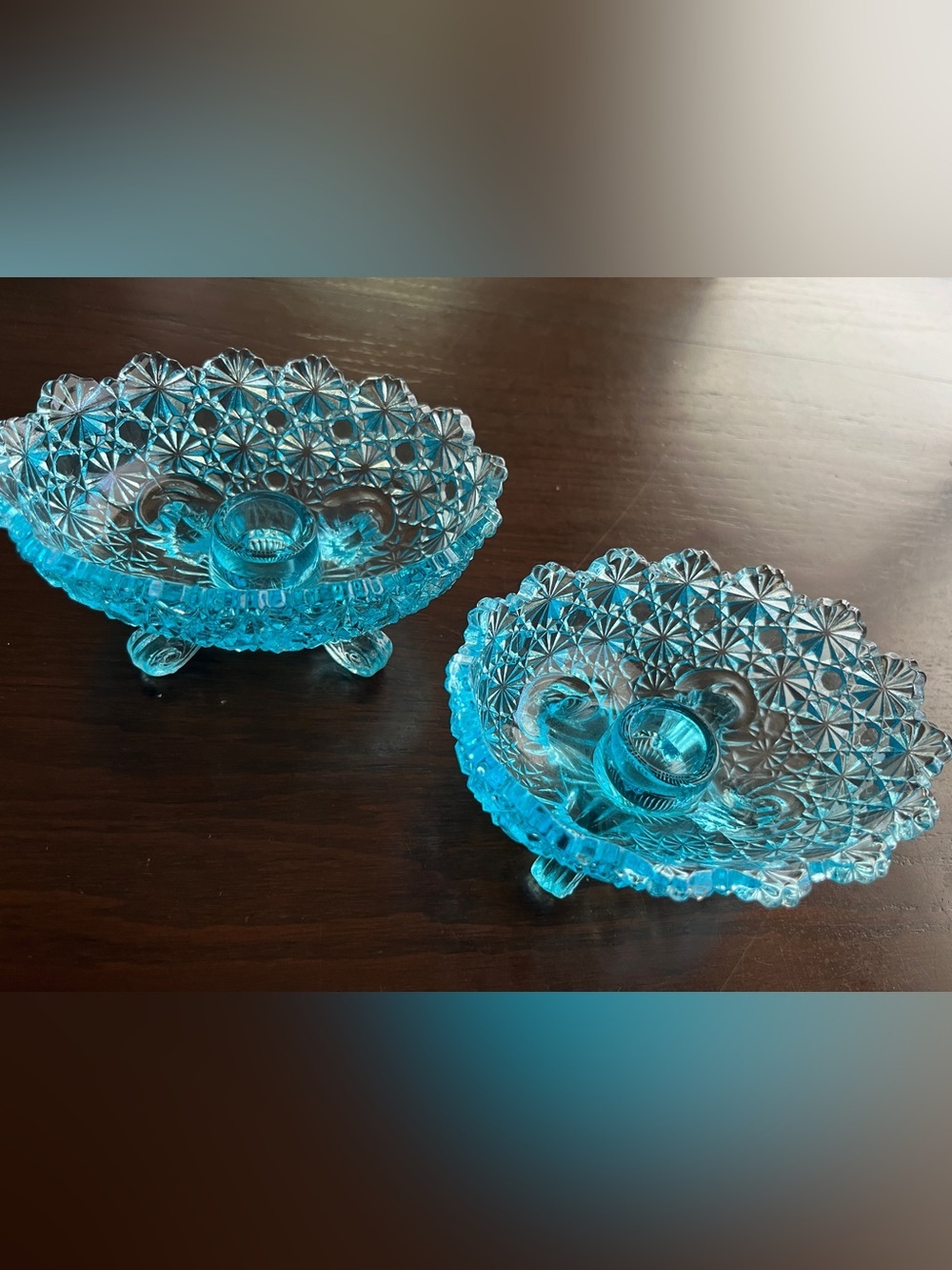 Set of 2 L.G. Wright Blue Daisy & Button Footed Dishes w/ candle holder centers